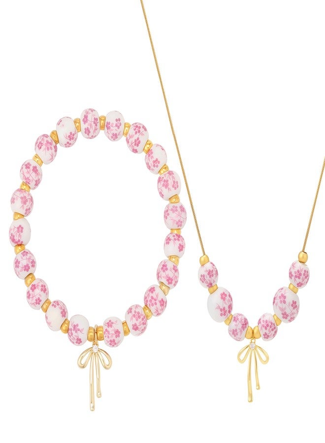 Dhdfisd Bow Necklace Bracelet Set for Women 14K Gold Beaded Bracelet Necklace Dainty Bow Jewelry Christmas Gift (Pink flowers) - Image 1